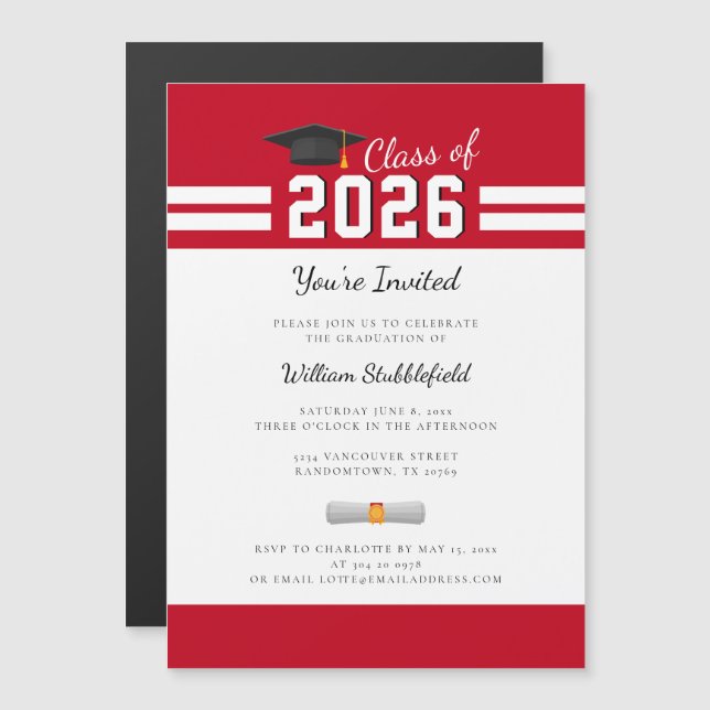 Convite Magnético Graduação Vermelho Branco Simples Graduação Modern (Frente/Verso)