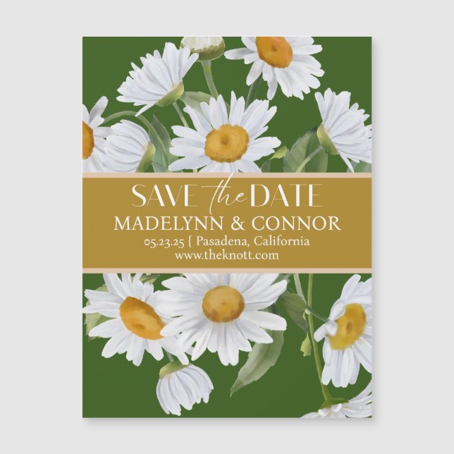 Convite Magnético Green Daisies Smooth Script Photo Save the Date (A (Frente)