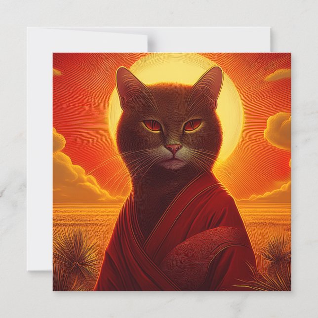 Convite Magnético Grey Cat Wearing Fashionable Robe In Sunset Scene (Frente)