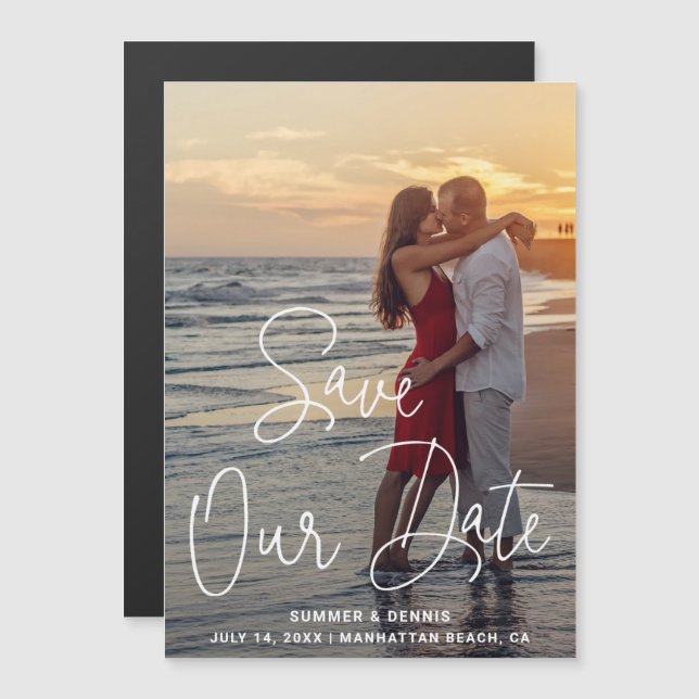 Convite Magnético Guardar a nossa Foto de Script Elegante de Data Sa (Frente/Verso)