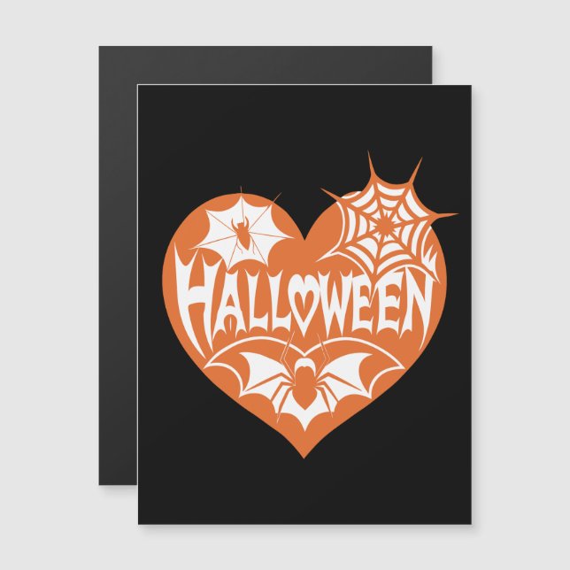 Convite Magnético Halloween Heart, Orange Heart Shape, Spider Web (Frente/Verso)