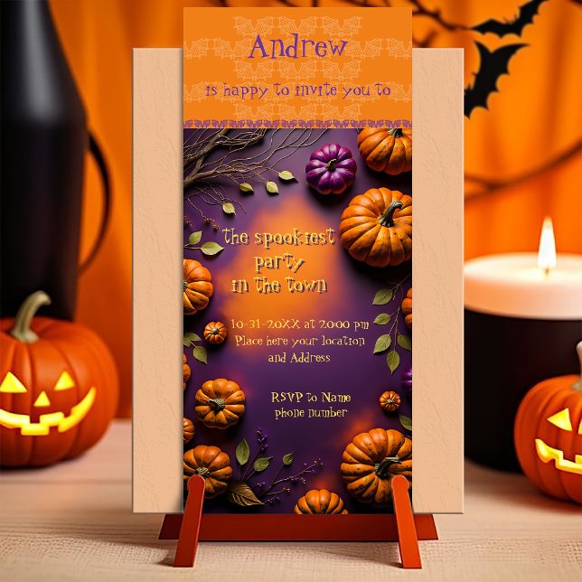 Convite Magnético Halloween Pumpkins (Halloween Invitation. customizable illustration full of pumpkins on orange and purple background)
