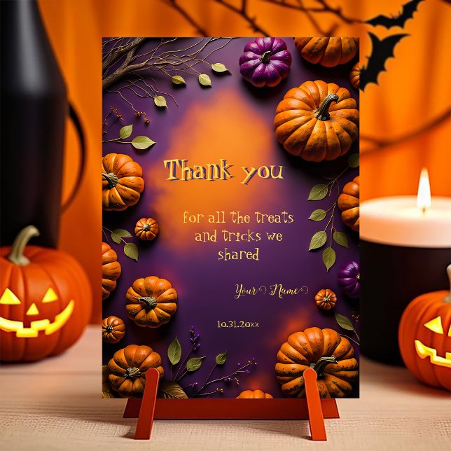 Convite Magnético Halloween Pumpkins (Halloween Thank You Card. customizable illustration full of pumpkins on orange and purple background)