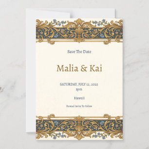 Convite Magnético Ímã de Barroco em Azul Dourado para Save the Date