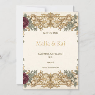 Convite Magnético Ímã de data de salvamento floral dourado Borgonha