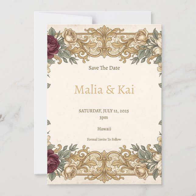 Convite Magnético Ímã de data de salvamento floral dourado Borgonha (Frente)