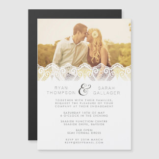 Convite Magnético Ímã de Foto de Noivado e Casamento Renda Branca