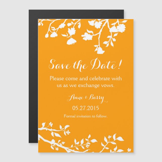 Convite Magnético Ímã de Save The Date Flor Branca Laranja (Frente/Verso)