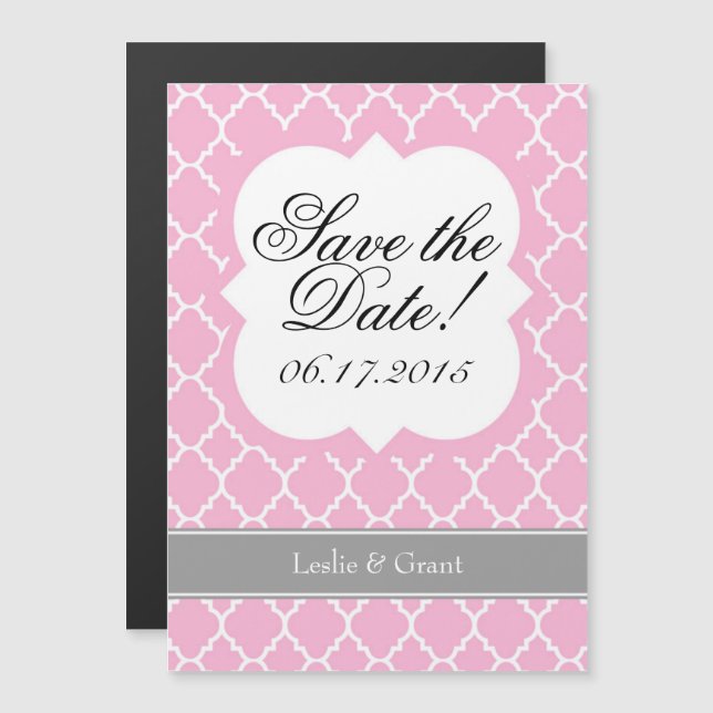 Convite Magnético Ímã de Save The Date Quatrefoil Rosa Branco (Frente/Verso)
