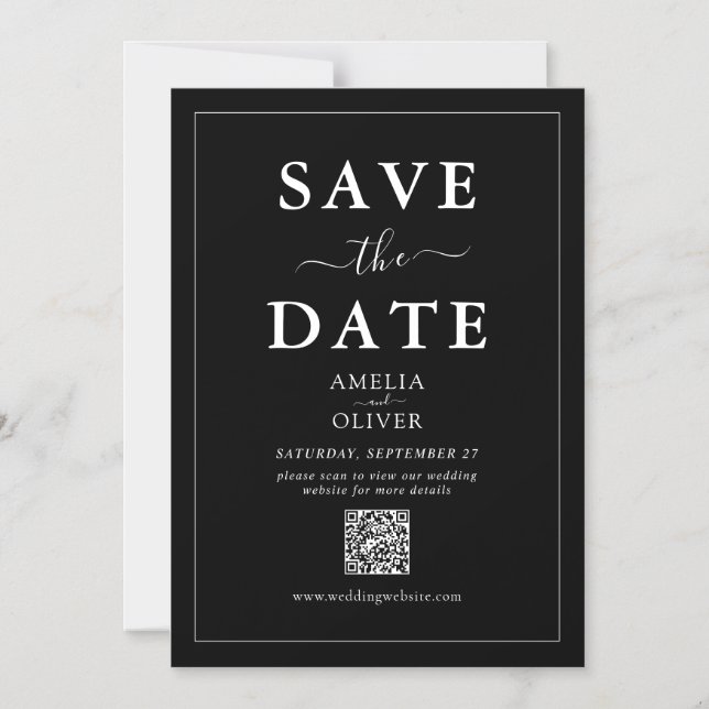 Convite Magnético Ímã Preto Código QR Casamento Moderno Salve a Data (Frente)