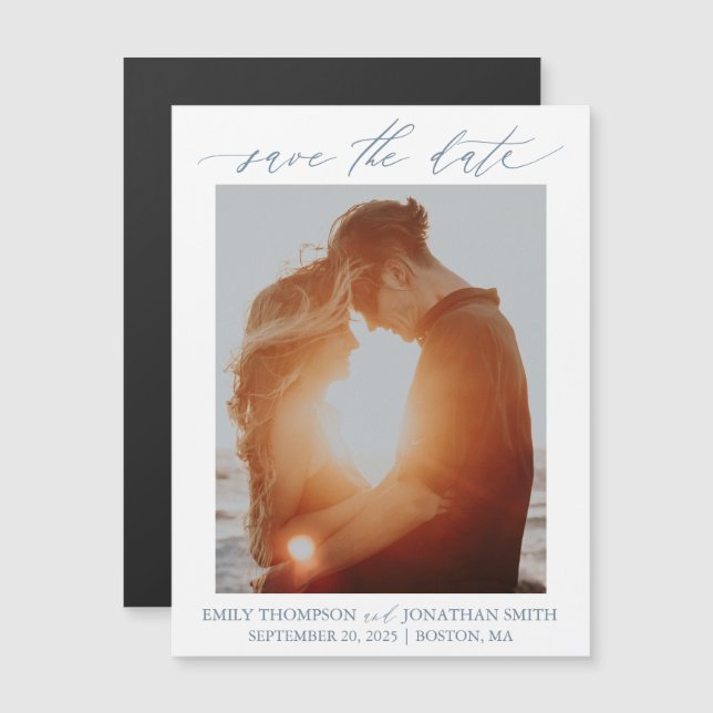 Convite Magnético Imã salve a data de Fotos Moderna em Azul Dusty (Frente/Verso)