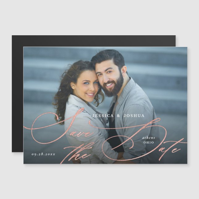 Convite Magnético Imã salve a data Elegante de Caligrafia Dourada (Frente/Verso)