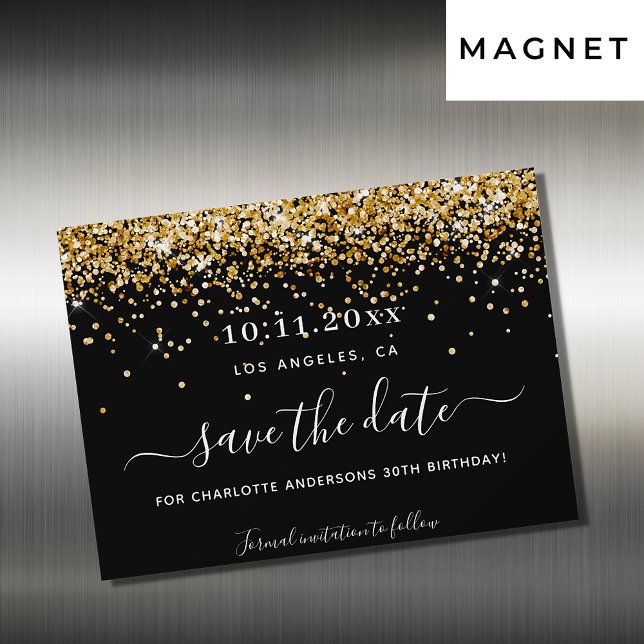 Convite Magnético imã salve a data festa de aniversário de ouro pret (Criador carregado)