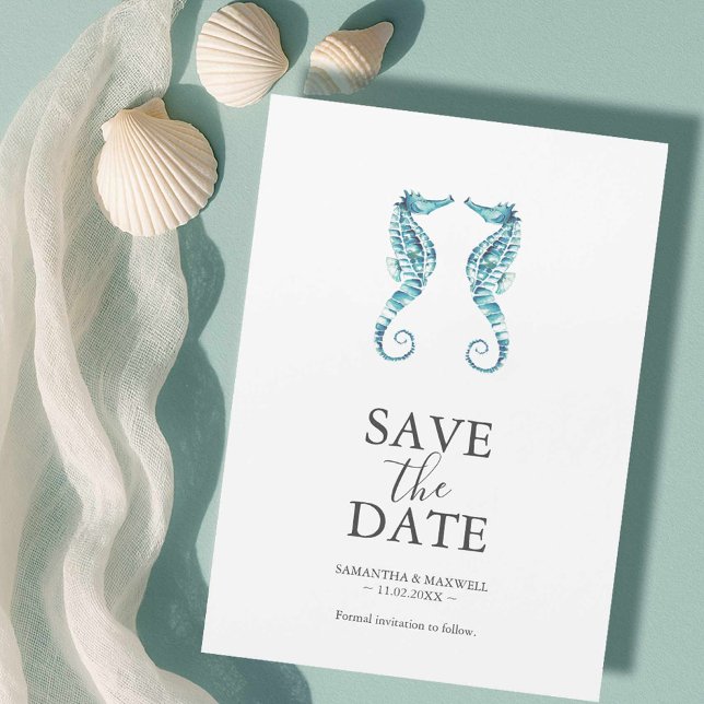 Convite Magnético Imã salve o dia de Casamento de Praia (Beach wedding looks watercolor seahorse art by Victoria Grigaliunas of Do Tell A Belle)
