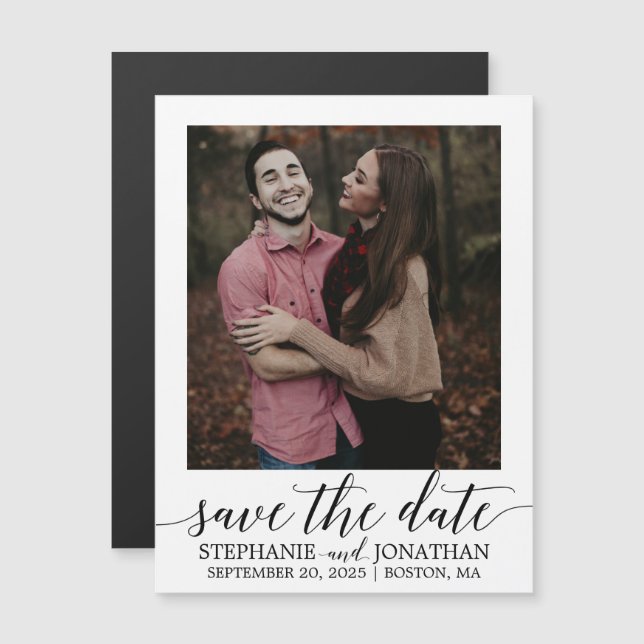 Convite Magnético Imagem de Script Moderno Imã salve a data Preto (Frente/Verso)