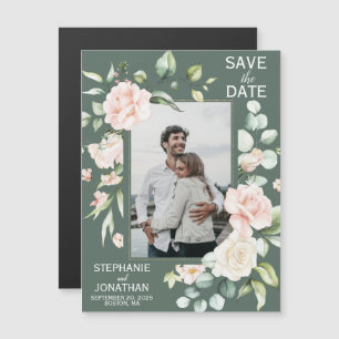 Convite Magnético Imãs salves a data de Fotos Florais Rosa verde ro