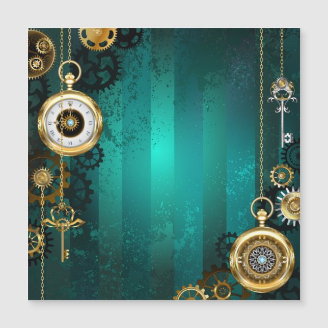 Convite Magnético Joia Steampunk Relógio em um Fundo Verde (Frente)