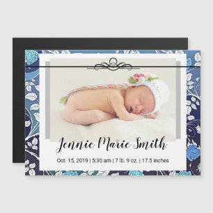 Convite Magnético Lançamento de Baby Stats Rico Azul Floral Script
