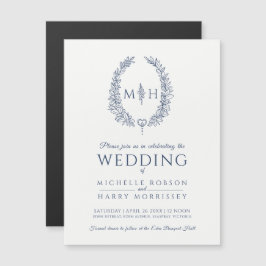 Convite Magnético Leaf oval line art marinho de casamento azul e bra