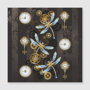 Convite Magnético Libélulas Steampunk em fundo listrado marrom