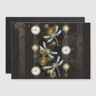 Convite Magnético Libélulas Steampunk em fundo listrado marrom