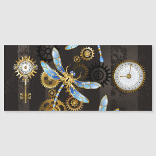 Convite Magnético Libélulas Steampunk em fundo listrado marrom