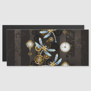 Convite Magnético Libélulas Steampunk em fundo listrado marrom