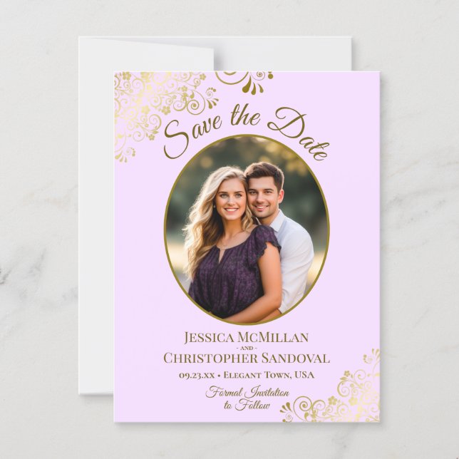 Convite Magnético Lilac & Gold Posh Wedding Save the Date Oval Photo (Frente)