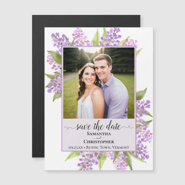 Convite Magnético Lilas e Foto de Casamento Lavanda Save the Date (Frente/Verso)
