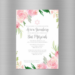 Convite Magnético Linda Festa de Bat Mitzvah Floral Rosa