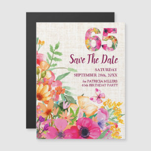 Convite Magnético Linen Floral 65º Aniversário Salvar a Data
