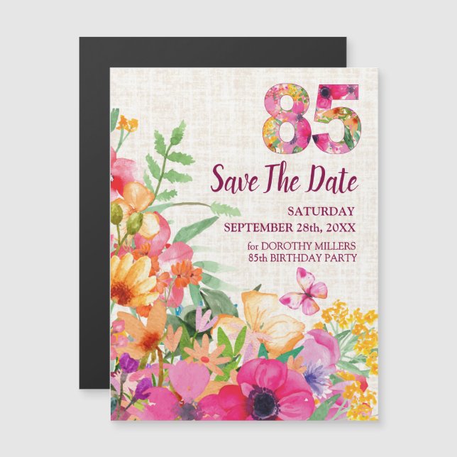 Convite Magnético Linen Floral 85º Aniversário Salvar a Data (Frente/Verso)