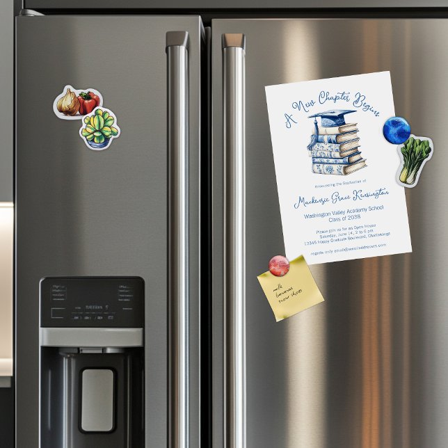 Convite Magnético Livro Azul Chinoiserie Graduação do Novo Capítulo (Blue Chinoiserie Books New Chapter Graduation Magnetic Invitation Annoucements)