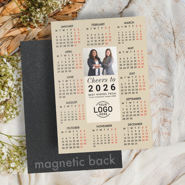 Convite Magnético Logo Photo Beige Calendar 2026 Magnetic Card (Criador carregado)