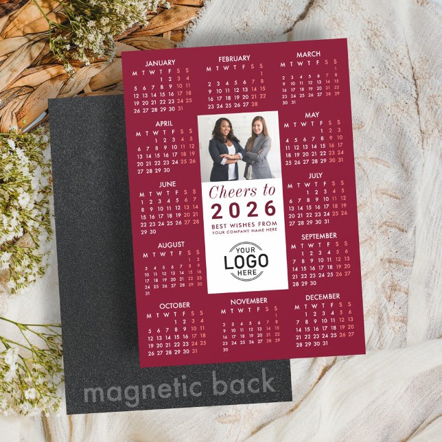 Convite Magnético Logo Photo Burgundy Calendar 2026 Magnetic Card (Criador carregado)