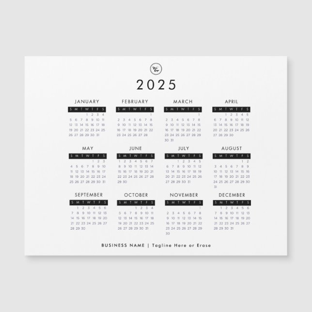 Convite Magnético Logotipo Personalizado de Calendário 2025 Preto e  (Frente)