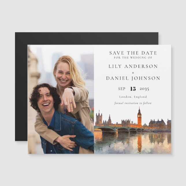 Convite Magnético London Photo Wedding Save The Date (Frente/Verso)