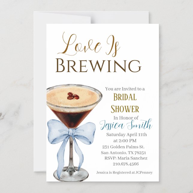 Convite Magnético Love is Brewing Blue Bridal Shower Invitation  (Frente)
