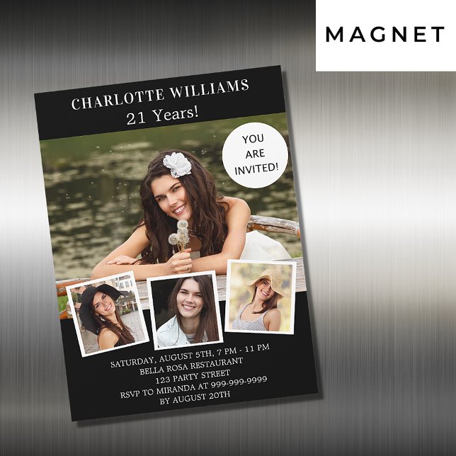Convite Magnético Luxo de colagem de fotos preto branco de aniversár (Criador carregado)