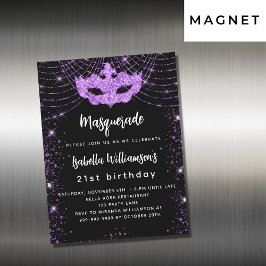 Convite Magnético luxo mascarada negro de brilho roxo
