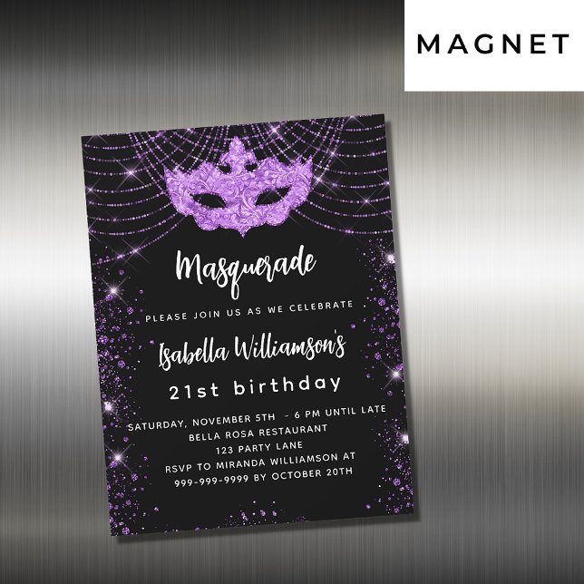 Convite Magnético luxo mascarada negro de brilho roxo (Criador carregado)