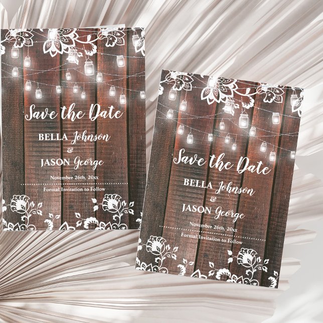 Convite Magnético Luzes de Corda com Renda Rústica para Casamento Sa (Rustic Wood String Lights Save the Date Magnet | Barn Wedding Lace Wood Thin Magnetic Card)