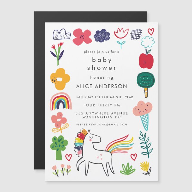 Convite Magnético |MAGNET| Cute Sweet Unicorn Baby Shower Invite (Frente/Verso)