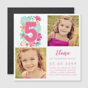 Convite Magnético MAGNET Girls Rosa Número 5 5 no Aniversário Foto