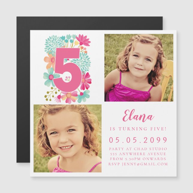 Convite Magnético MAGNET Girls Rosa Número 5 5 no Aniversário Foto (Frente/Verso)
