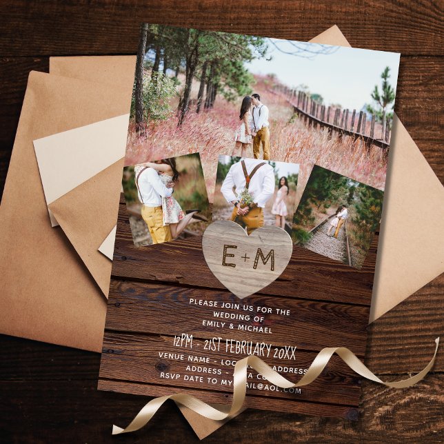 Convite Magnético Magnetic Wedding Invite Rustic Photo Collage Barn (Criador carregado)