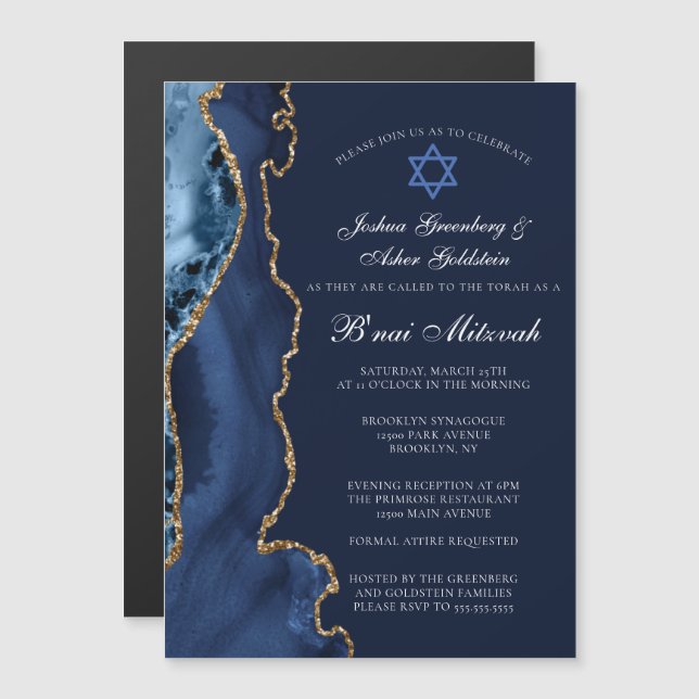 Convite Magnético Marinho Azul Dourado B'nai Mitzvah Partido Elegant (Frente/Verso)