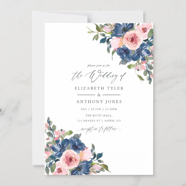 Convite Magnético Marinho de Aquarela e Casamento Floral Blush (Frente)