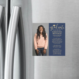 Convite Magnético Marinho de Script Moderno - Graduação de Foto Azul