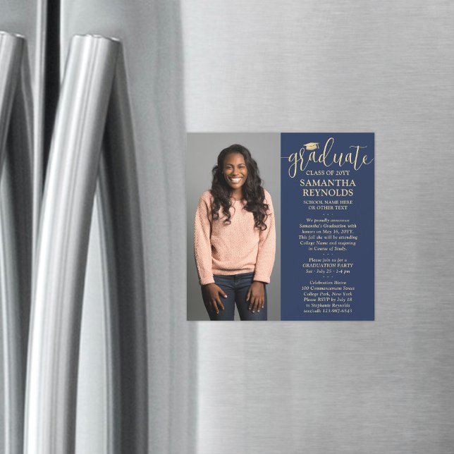 Convite Magnético Marinho de Script Moderno - Graduação de Foto Azul (Criador carregado)